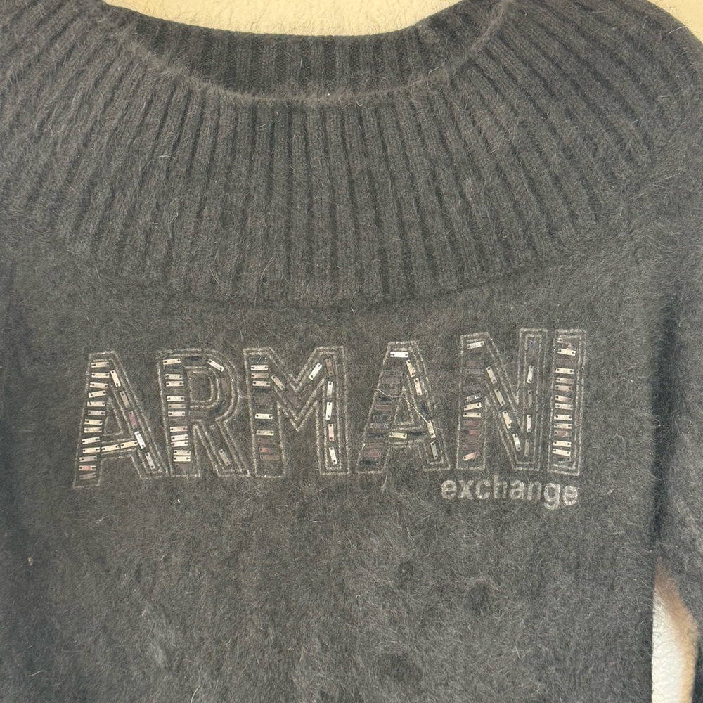 Armani Exchange Black On Off Shoulder Rabbit Hair Sweater Angora Fur M - Picture 2 of 10